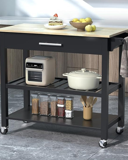 45" Kitchen Island Cart, 3 Tier Kitchen Island on Wheels with Storage Drawer, 2 Shelves & Towel Rack, Rolling Kitchen Island with Wood Top, Simple Design Island Table for Kitchen, Dark Black - LeafyLoom