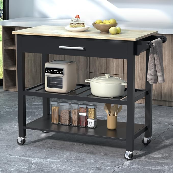 45" Kitchen Island Cart, 3 Tier Kitchen Island on Wheels with Storage Drawer, 2 Shelves & Towel Rack, Rolling Kitchen Island with Wood Top, Simple Design Island Table for Kitchen, Dark Black - LeafyLoom
