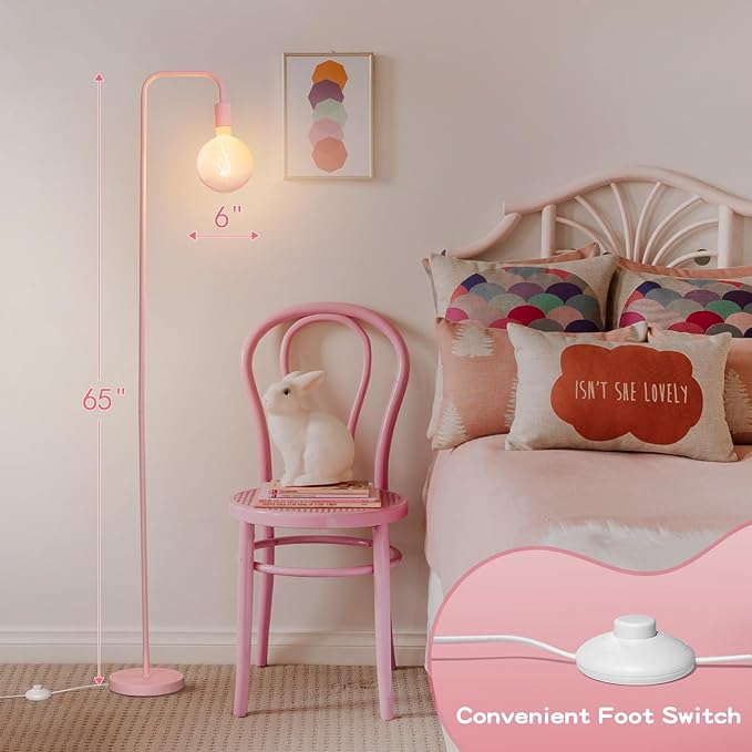 Pink Floor Lamp for Bedroom, Cute Standing Lamp with LED Bulb, Translucent Pink Globe Glass 2700k Warm Lighting. Globe Floor Lamp for Livingroom, Bedroom,Office - LeafyLoom