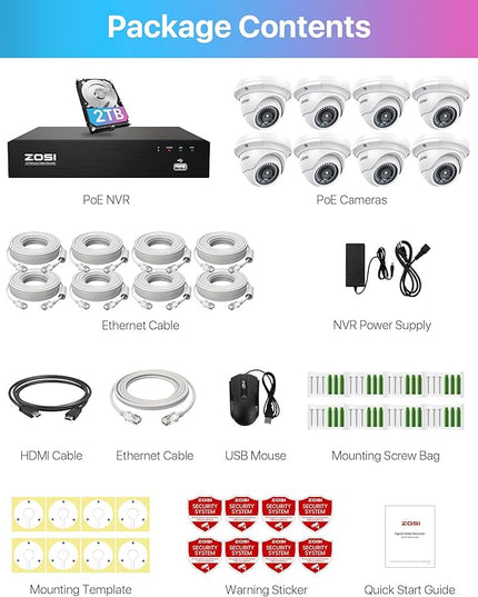ZOSI 4K PoE Security Camera System with 2TB Hard Drive, 8 Ports 16CH 8MP NVR Recorder, 8pcs 3K 5MP Outdoor Indoor Home PoE Dome Cameras, Night Vision, Motion Alert, Remote Access, for 24/7 Recording ZOSI
