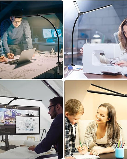 ShineTech Led Desk Lamp for Office Home, Bright Double Head Desk Light with Clamp, Architect Task Lamp 50 Lighting Modes Adjustable Flexible Gooseneck - LeafyLoom