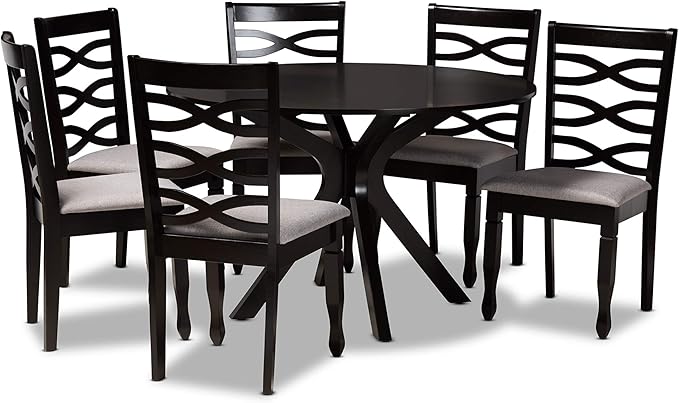 Baxton Studio Mila Modern and Contemporary Grey Fabric Upholstered and Dark Brown Finished Wood 7-Piece Dining Set - LeafyLoom