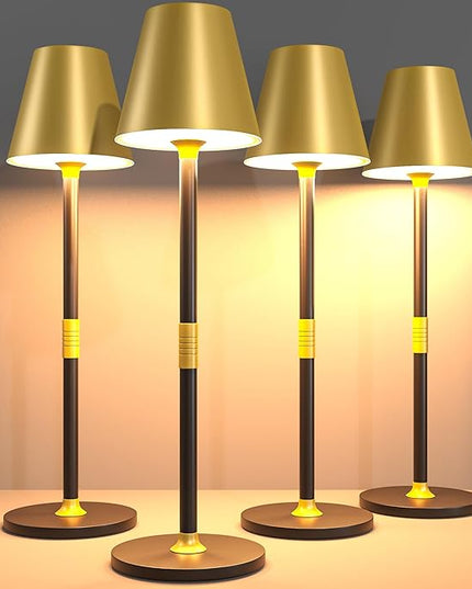 LED CordlessTable Lamp,4000mAh Rechargeable Battery Desk lamp,3 Level Brightness Beside Night Light, Minimalist Design, for Couple Dinner/Coffee Table/Restaurant/Bedroom(Gold&Black 4PACK) - LeafyLoom