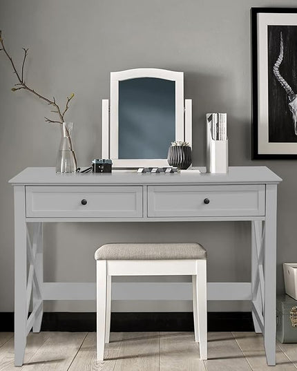 Computer Desk with 2 Drawers, Elegant Home Office Writing Study Desk with Storage, Modern Simple Vanity Desk Console Table for Living Room, Grey - LeafyLoom