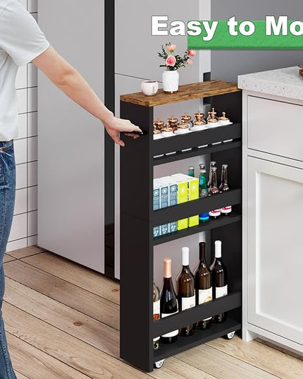 MARTY Rolling Storage Cart 4-Tier Black Kitchen Cart on Wheels, Slim Storage Cart with Handle Slide Out Utility Cart Shelving Unit Organizer Trolley for Laundry Narrow Places Bathroom Small Corner - LeafyLoom