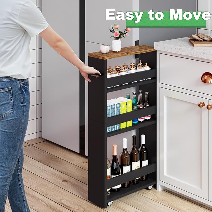 MARTY Rolling Storage Cart 4-Tier Black Kitchen Cart on Wheels, Slim Storage Cart with Handle Slide Out Utility Cart Shelving Unit Organizer Trolley for Laundry Narrow Places Bathroom Small Corner - LeafyLoom