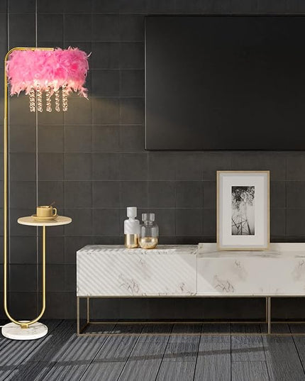 Unique Led Pink Feather Floor Lamp with Tray,Ostrich Feather Stand Lamp,Living Room Bedroom Office Shop Window Decoration Lamp,Foot Switch and Brass/Gold Finish Arc Floor Lamp - LeafyLoom