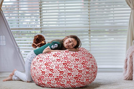 Wekapo Stuffed Animal Storage Bean Bag Chair Cover for Kids | Stuffable Zipper Beanbag for Organizing Children Plush Toys Large Premium Cotton Canvas (Heart, XX-Large) - LeafyLoom