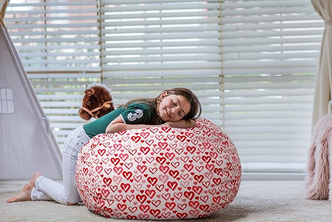 Wekapo Stuffed Animal Storage Bean Bag Chair Cover for Kids | Stuffable Zipper Beanbag for Organizing Children Plush Toys Large Premium Cotton Canvas (Heart, XX-Large) - LeafyLoom
