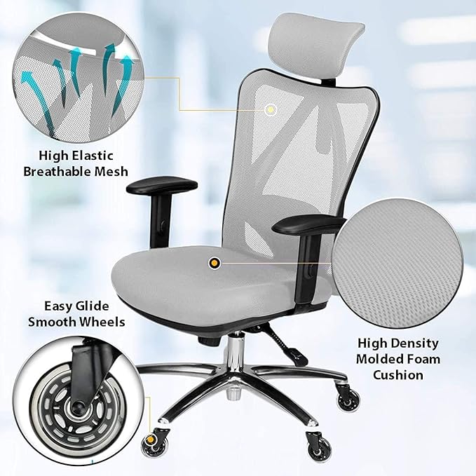 Duramont Ergonomic Office Chair with Adjustable Lumbar Support, High, Head and Arm Rests Back Pain Chairs with Breathable Mesh - Thick Seat Cushion, Reclines Desk Chair Rollerblade Wheels GREY - LeafyLoom