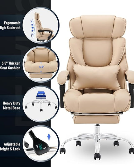 Office Chair with Footrest-Ergonomic Desk Chair with Adjustable Headrest and Lumbar Support Pillow, High Back Executive Computer Chair, Large Home Office Work Chair with Wide Seat for Comfort-Khaki - LeafyLoom