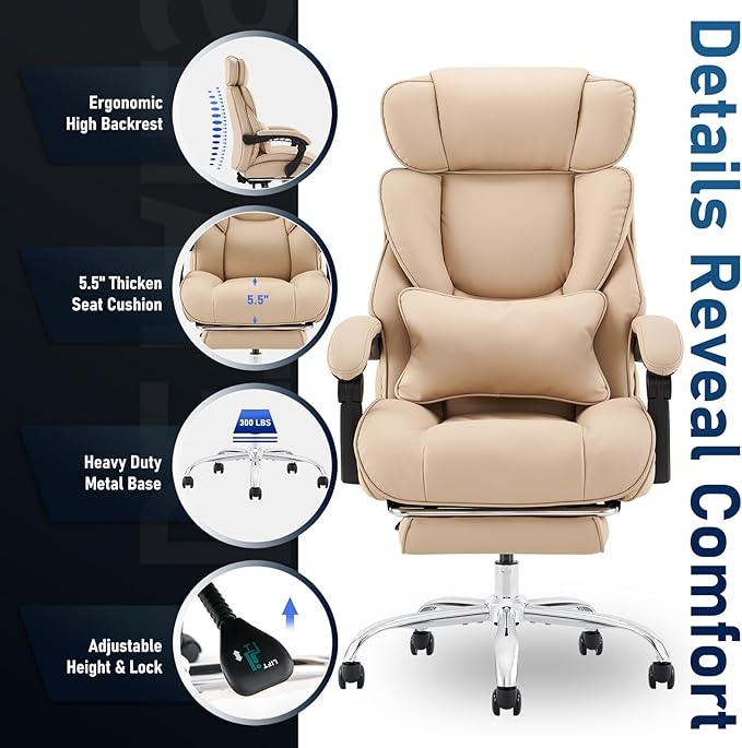 Office Chair with Footrest-Ergonomic Desk Chair with Adjustable Headrest and Lumbar Support Pillow, High Back Executive Computer Chair, Large Home Office Work Chair with Wide Seat for Comfort-Khaki - LeafyLoom