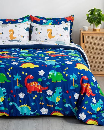 Wajade 7 Piece Kid Boys Dinosaur Comforter Set Full Size 3D Blue Dinosaur Wild Park Jungle Print Bedding Set with Comforter, Sheet Set, Pillowcase and Sham - LeafyLoom