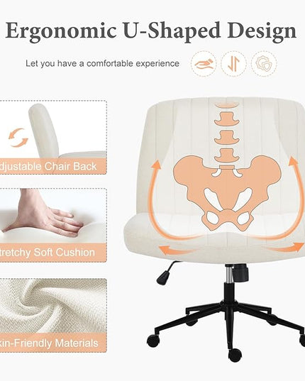 Sweetcrispy Criss Cross Chair Legged, Armless Office Desk Chair with Wheels, Swivel Vanity Chair, Height Adjustable Wide Seat Computer Task Chair, Fabric Vanity Modern Home Chair White - LeafyLoom