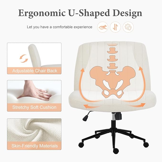 Sweetcrispy Criss Cross Chair Legged, Armless Office Desk Chair with Wheels, Swivel Vanity Chair, Height Adjustable Wide Seat Computer Task Chair, Fabric Vanity Modern Home Chair White - LeafyLoom