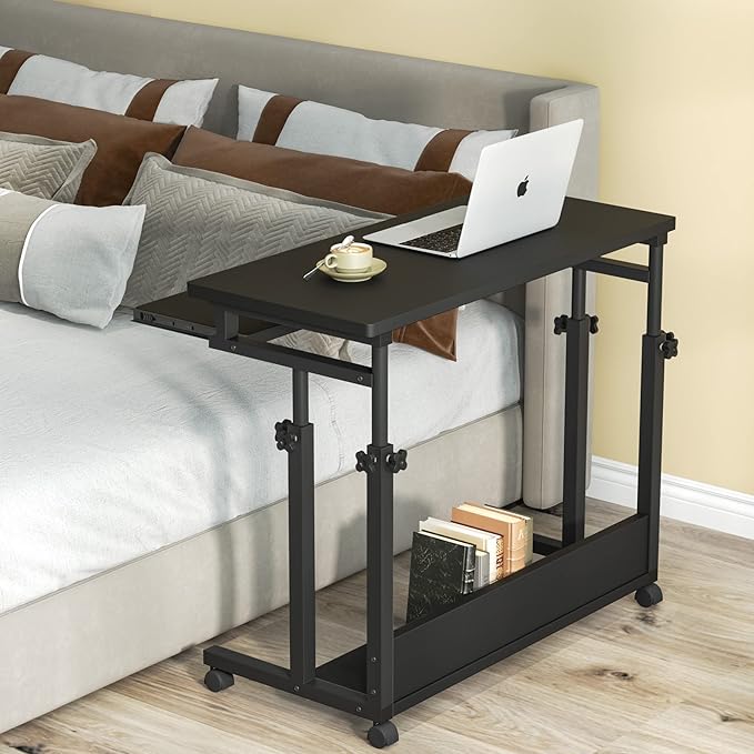 Tribesigns Portable Desk for Sofa and Bed, Height Adjustable Mobile Laptop Table Small Standing Desk Rolling Computer Cart with Keyboard Tray on Wheels for Home Office (Black) - LeafyLoom
