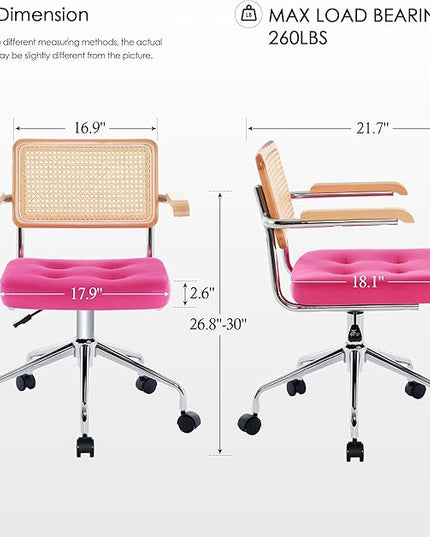 Zesthouse Modern Home Office Chair Velvet Desk Chair with Natural Rattan Back, Vanity Chair for Girls Women, Upholstered Tufted Swivel Armchair, Height Adjustable Computer Task Chair, Rose Red - LeafyLoom