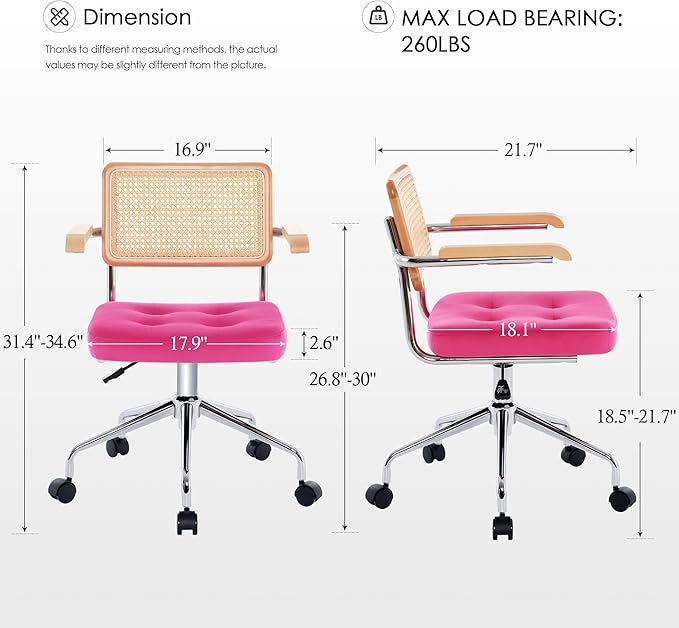 Zesthouse Modern Home Office Chair Velvet Desk Chair with Natural Rattan Back, Vanity Chair for Girls Women, Upholstered Tufted Swivel Armchair, Height Adjustable Computer Task Chair, Rose Red - LeafyLoom
