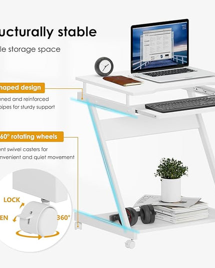 sogesfurniture Mobile Computer Desk Small Rolling Office Table Workstation with Printer Shelf and Keyboard Tray, Space-Saving Computer Desk with Storage Shelf for Home and Office (White) - LeafyLoom