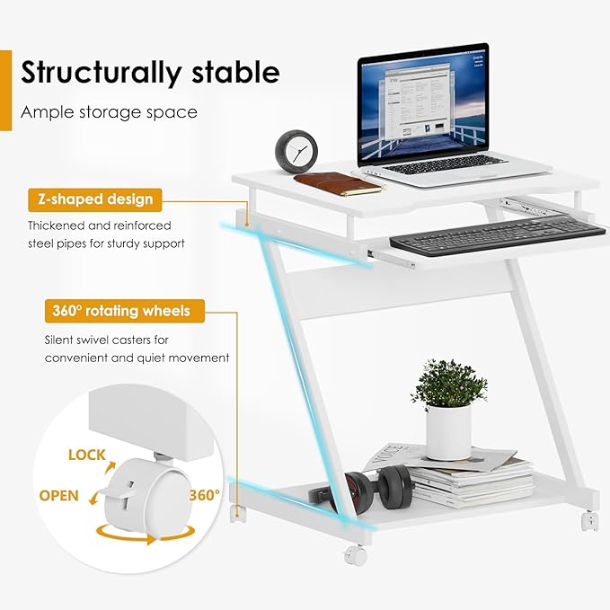 sogesfurniture Mobile Computer Desk Small Rolling Office Table Workstation with Printer Shelf and Keyboard Tray, Space-Saving Computer Desk with Storage Shelf for Home and Office (White) - LeafyLoom