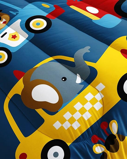 Datura home Kids Cartoon Car Comforter Set for Boys Children,Transportation Car Police Car Kawaii Animals Printed Bedding with 1 and 2 Pillowcases(Cartoon Car Queen), Queen 90x90inches - LeafyLoom