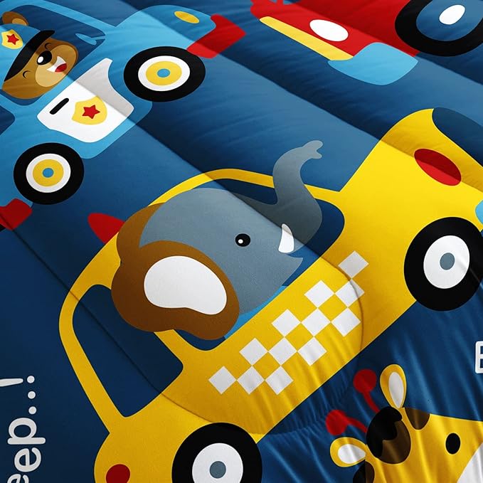 Datura home Kids Cartoon Car Comforter Set for Boys Children,Transportation Car Police Car Kawaii Animals Printed Bedding with 1 and 2 Pillowcases(Cartoon Car Queen), Queen 90x90inches - LeafyLoom