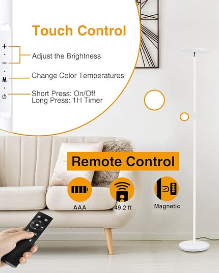 OUTON Floor Lamp, 30W/3000LM LED Modern Torchiere Sky Lamp, Bright Dimmable Standing Tall Lamp with 4 Color Temperatures, Remote Touch Control, 1 Hour Timer for Living Room Bedroom Office, White - LeafyLoom
