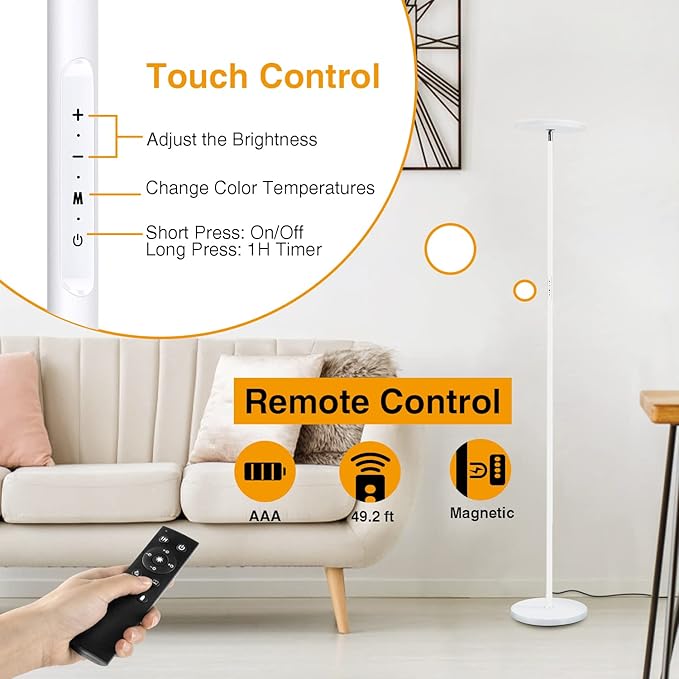 OUTON Floor Lamp, 30W/3000LM LED Modern Torchiere Sky Lamp, Bright Dimmable Standing Tall Lamp with 4 Color Temperatures, Remote Touch Control, 1 Hour Timer for Living Room Bedroom Office, White - LeafyLoom