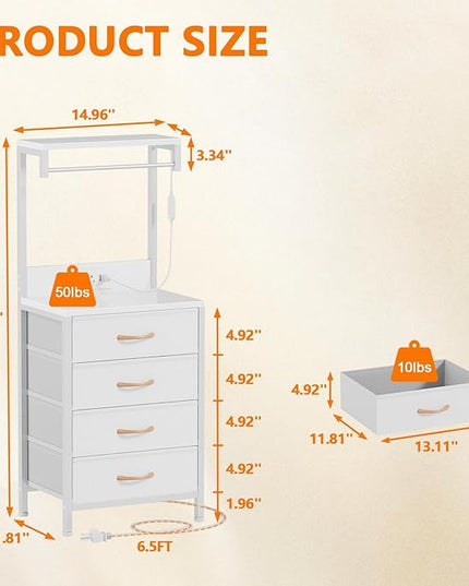 Furnulem Nightstands Set 2, Tall Night Stand with Charging Station and LED Lights, Bedside Table with USB Ports and Outlets, 4 Drawer Storage Nightstand for Bedroom, Office, Dorm, Entryway (White) - LeafyLoom