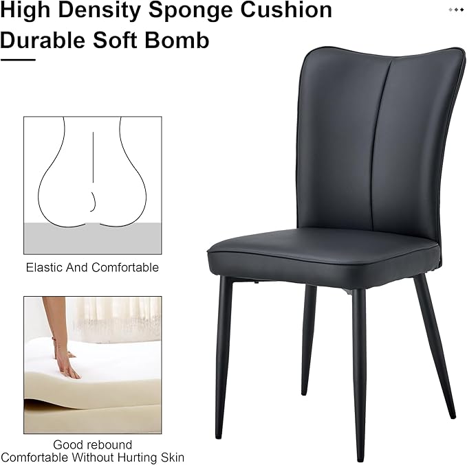 Modern Dining Chairs Set of 4, PU Leather Seat Cushions Black Dining Room Chair, with Black Metal Legs Kitchen Chair for Home Living Room, Restaurant, Black Chair Black Legs - LeafyLoom