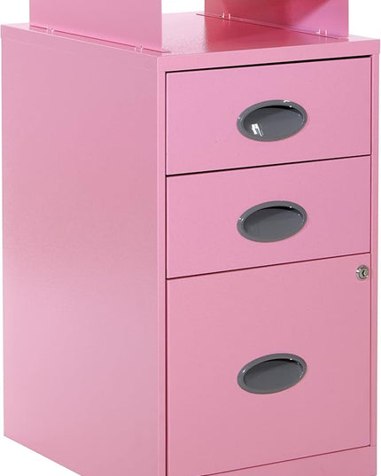 OSP Home Furnishings 3 Drawer Locking Metal File Cabinet with Top Shelf, Pink - LeafyLoom