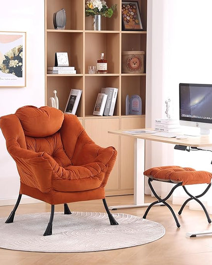 LITA Lazy Chair with Ottoman, Modern Lounge Accent Chair with Armrests and a Side Pocket, Leisure Upholstered Sofa Chair Set, Reading Chair with Footrest for Small Space, Corner Chair,Orange - LeafyLoom