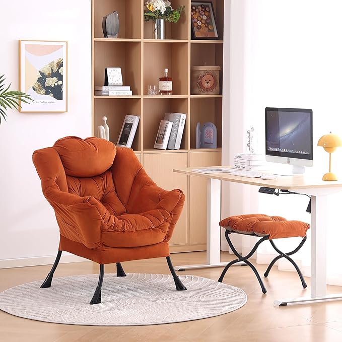 LITA Lazy Chair with Ottoman, Modern Lounge Accent Chair with Armrests and a Side Pocket, Leisure Upholstered Sofa Chair Set, Reading Chair with Footrest for Small Space, Corner Chair,Orange - LeafyLoom