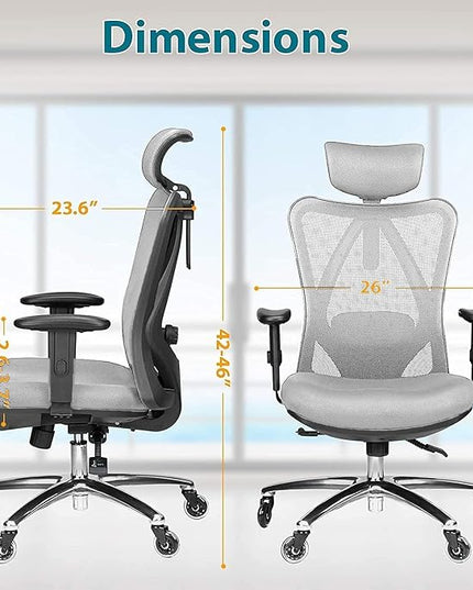 Duramont Ergonomic Office Chair with Adjustable Lumbar Support, High, Head and Arm Rests Back Pain Chairs with Breathable Mesh - Thick Seat Cushion, Reclines Desk Chair Rollerblade Wheels GREY - LeafyLoom