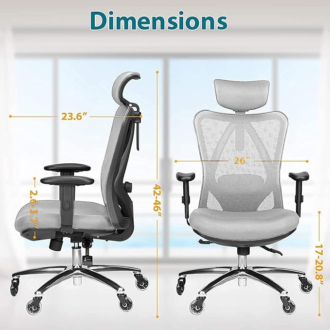 Duramont Ergonomic Office Chair with Adjustable Lumbar Support, High, Head and Arm Rests Back Pain Chairs with Breathable Mesh - Thick Seat Cushion, Reclines Desk Chair Rollerblade Wheels GREY - LeafyLoom