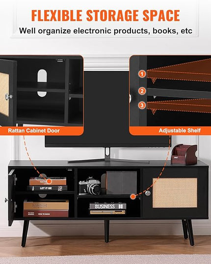 VEVOR Rattan TV Stand, Boho TV Cabinet for 55 inch TV, Mid Century Modern TV Stand, Rattan TV Console with Adjustable Shelfs for Living Room, Media Room, Black - LeafyLoom