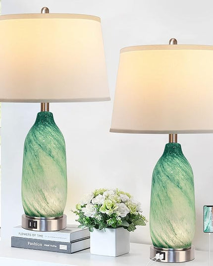 Contemporary Lake Green Glass Table Lamp with 2 USB Ports, 24.5'' Bedside Lamps Built in LED Nightlight with White Shade Coastal Modern Style Nightstand Lamp for Living Room Bedroom Office Décor - LeafyLoom