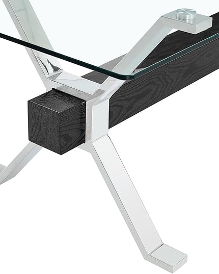 Rectangular Table with Tempered Glass Tabletop,Modern Dinner Desk W/Metal Tubular Legs, Home,Kitchen,Dining Room,Office,Silver, 79" Black Crossbars - LeafyLoom