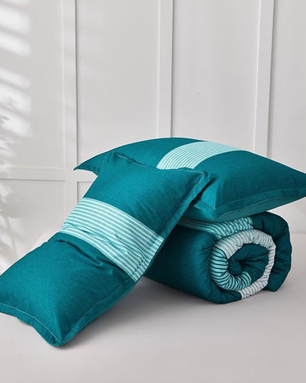WONGS BEDDING Comforter Set King, Reversible Teal Blue Striped Patchwork Down Alternative Comforter for King Bed,3 Pieces (1 Comforter+2 Pillowcases), Soft Microfiber Bedding Set 104"×90" - LeafyLoom