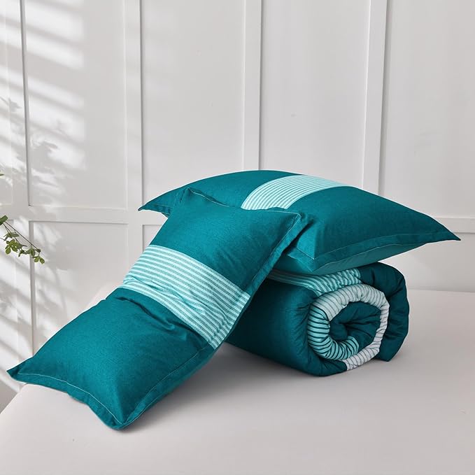 WONGS BEDDING Comforter Set Queen, Reversible Teal Blue Striped Patchwork Down Alternative Comforter for Queen Bed,3 Pieces (1 Comforter+2 Pillowcases), Soft Microfiber Bedding Set 90"×90" - LeafyLoom