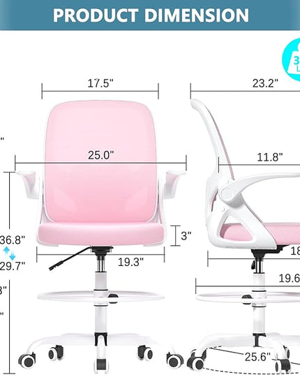 Drafting Chair Tall Office Chair for Standing Desk Adjustable Tall Desk Chair with Footrest Ring and Lumbar Support Ergonomic Computer Chair with Flip-up Armrests (Pink) - LeafyLoom