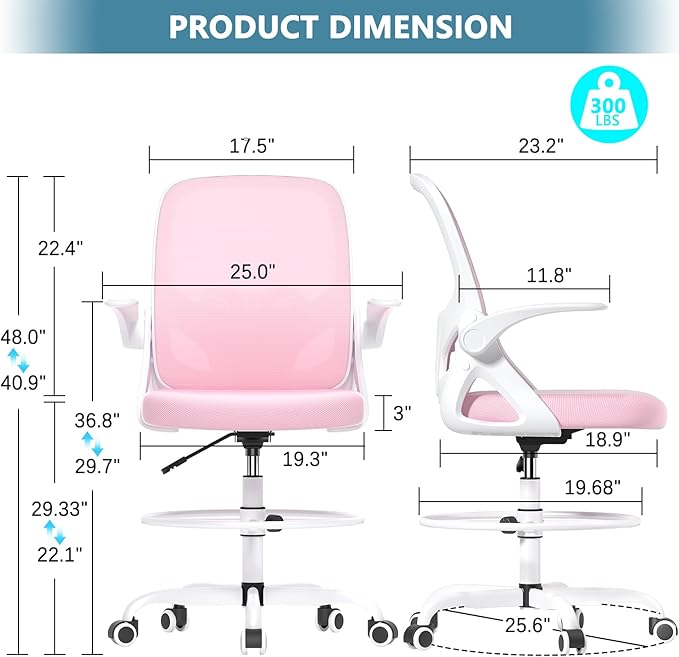 Drafting Chair Tall Office Chair for Standing Desk Adjustable Tall Desk Chair with Footrest Ring and Lumbar Support Ergonomic Computer Chair with Flip-up Armrests (Pink) - LeafyLoom