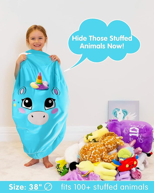 Aubliss Unicorn Stuffed Animal Storage, Velvet Bean Bag Chairs Cover, X-Large 38" Ultra Soft Kids Toy Storage Organizer for Blankets Towels Clothes Home Supplies, Blue Big Eyes - LeafyLoom