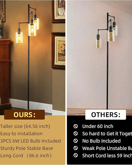 Farmhouse Floor Lamp for Living Room Bedroom, 3-Lights Floor Lamp with On/Off Foot Switch, Tall Pole Tree Standing Lamp Oil Rubbed Bronze with Amber Glass Shade, LED 3 Bulbs Included - LeafyLoom