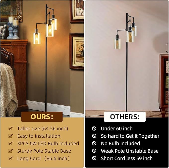 Farmhouse Floor Lamp for Living Room Bedroom, 3-Lights Floor Lamp with On/Off Foot Switch, Tall Pole Tree Standing Lamp Oil Rubbed Bronze with Amber Glass Shade, LED 3 Bulbs Included - LeafyLoom