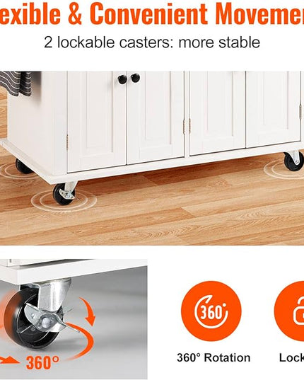 VEVOR Kitchen Island Cart with Solid Wood Top, 35.4" Width Mobile Carts with Storage Cabinet, Rolling Kitchen Table with Spice Rack, Towel Rack, and Drawer, Portable Islands on Wheels, White - LeafyLoom