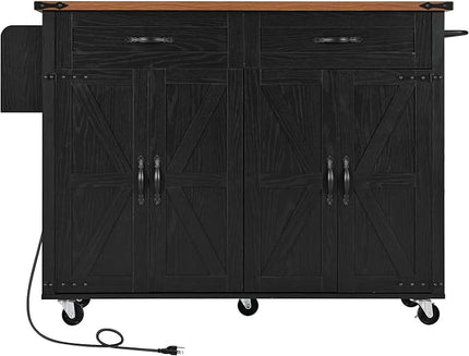 RITSU 53.5'' Indoor Kitchen Island with Power Outlet, Rolling Bar Storage w/Drop Leaf, Spice Rack and Two Drawer, KitchenCart on Wheels, for Farmhouse, Living Room, Black - LeafyLoom