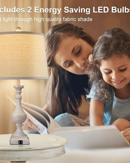 AKASUKI 27.5 Inch Farmhouse Table Lamps for Living Room Set of 2 with USB and Type-C Port, 3-Way Dimmable Table Lamps for Bedroom Vintage Rustic Bedside Lamps for bedrooms(2 Bulbs Included) - LeafyLoom