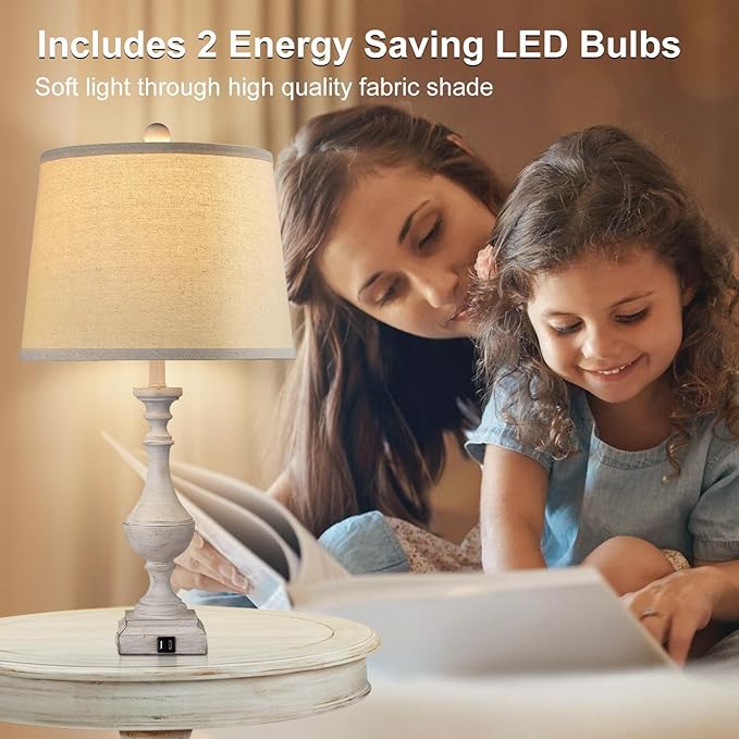 AKASUKI 27.5 Inch Farmhouse Table Lamps for Living Room Set of 2 with USB and Type-C Port, 3-Way Dimmable Table Lamps for Bedroom Vintage Rustic Bedside Lamps for bedrooms(2 Bulbs Included) - LeafyLoom