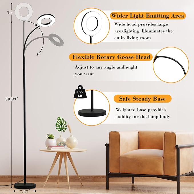 LED Floor Lamp, 12W/1000LM Reading Light, 3 Color Temperatures Bright Modern Tall Lamp, Adjustable Gooseneck Standing Lamp with Remote & Touch Control for Living Room, Bedroom, Office - LeafyLoom